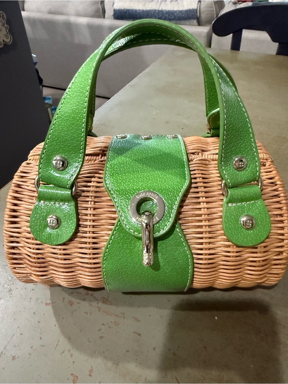 Kate Spade Wood Wicker Kelly Green Accent Woven Straw Handbag